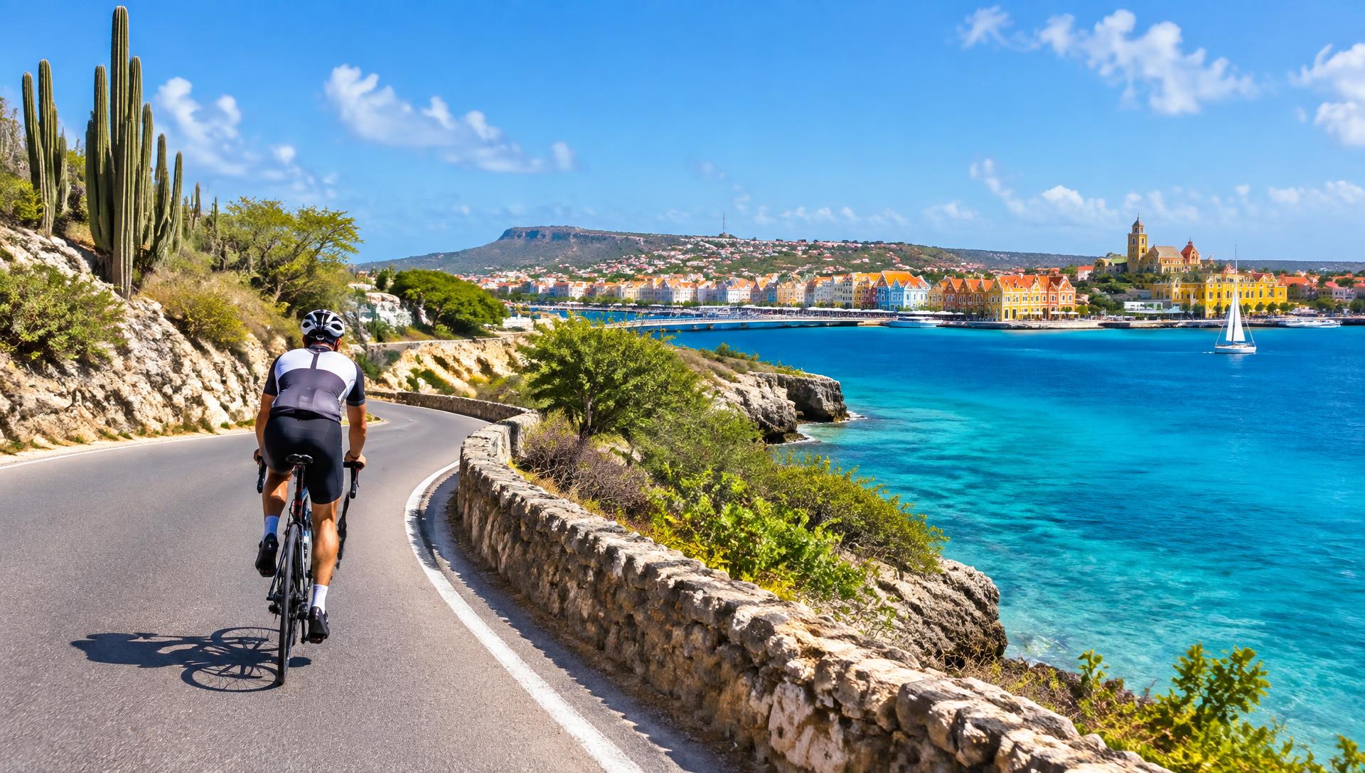 Fietser langs de kust van Curaçao